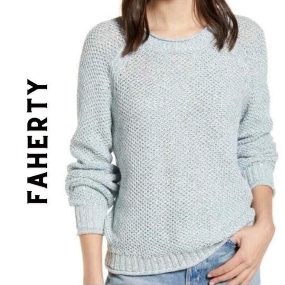 Faherty Sausalito Marled Knit Sweater Rolled Crew Neck Blue & Cream - Small -EUC
